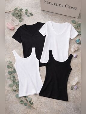 Active USA Basic Black & White Cotton Blend Tee and Rayon Blend Tank 4 Piece Set